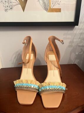 Dolce Vita tan sandals with turquoise fringe and metallic trim